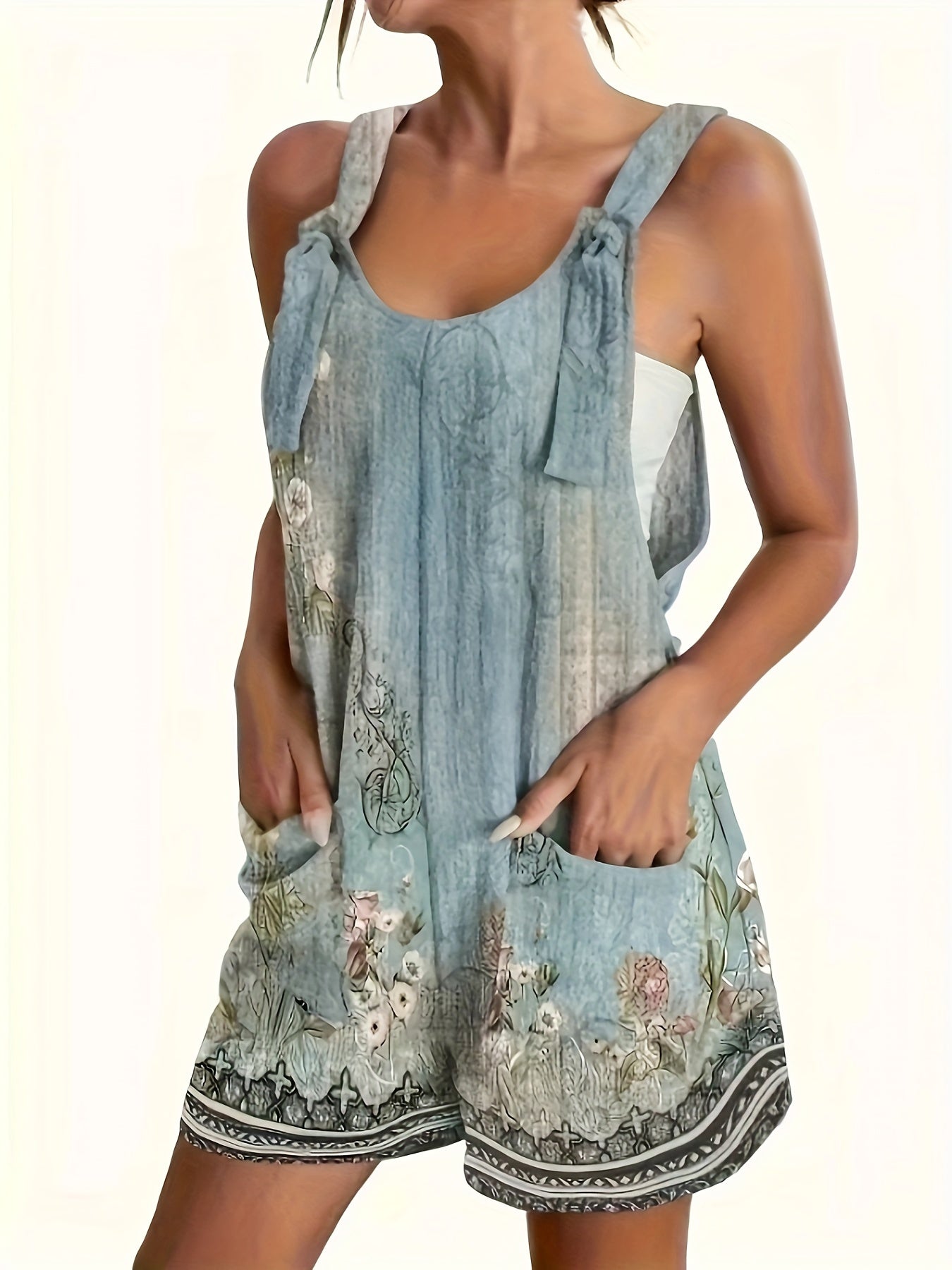 Casual Tie-Front Romper with Pockets And a Stylish Print for Women on Vacation